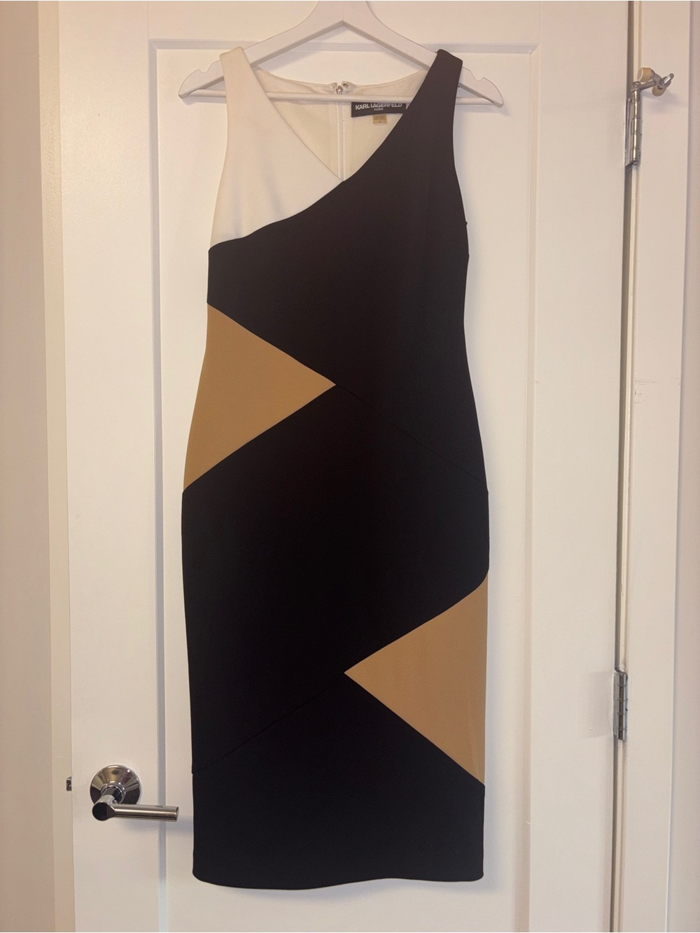Karl Lagerfeld Black, Cream & Tan Colorblock Midi Dress
